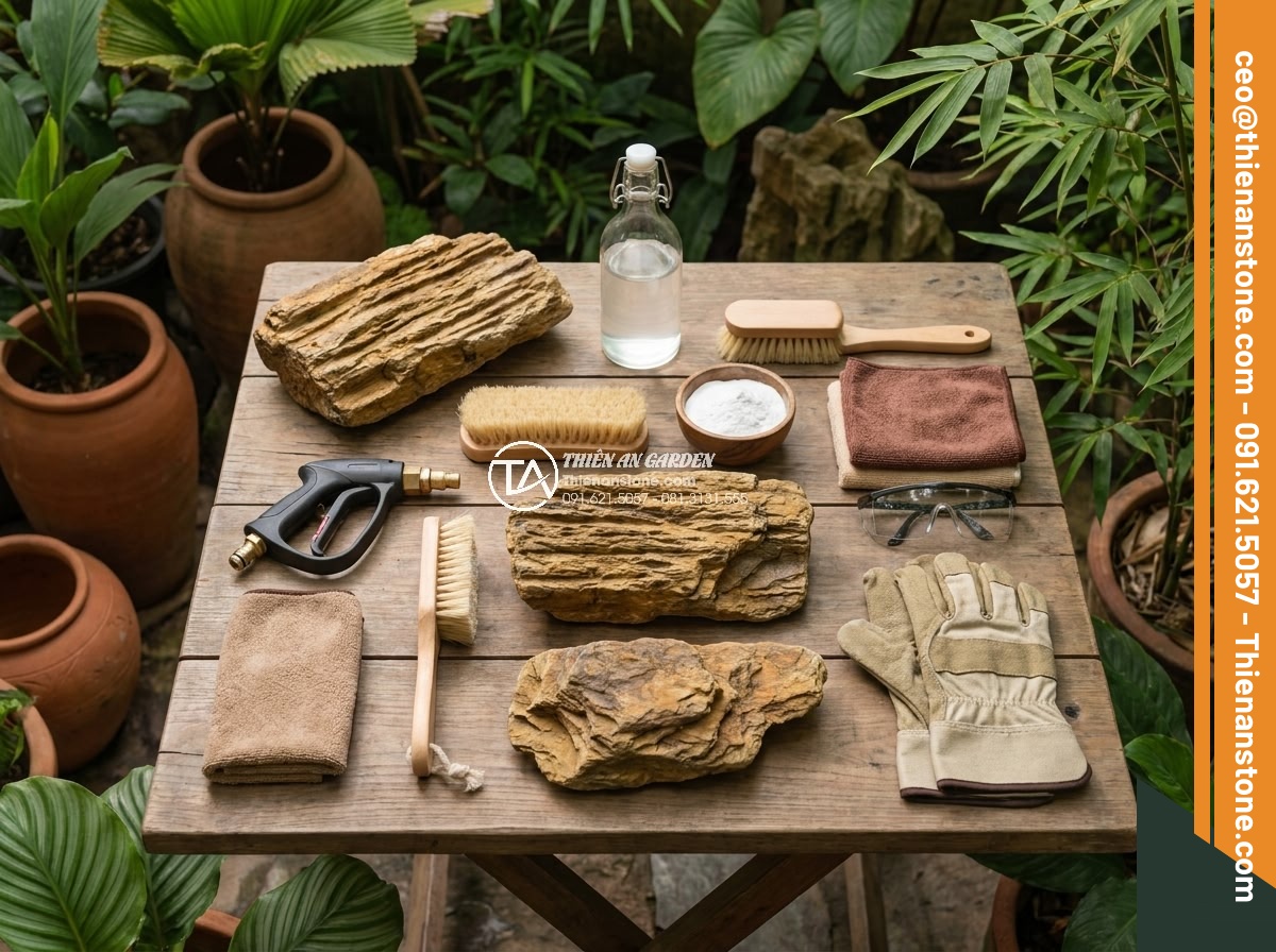 Cách Vệ Sinh Đá Non Bộ Bị Rêu Mốc Sau Nhiều Năm Sử Dụng - Organized flat lay photograph of professional stone cleaning tools and eco-frien