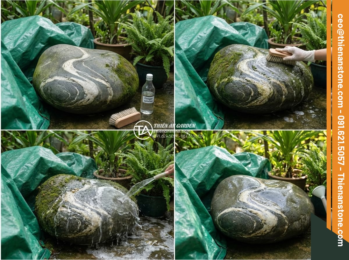 Cách Vệ Sinh Đá Non Bộ Bị Rêu Mốc Sau Nhiều Năm Sử Dụng - Step-by-step visual guide showing a technician gently scrubbing moss from a natu