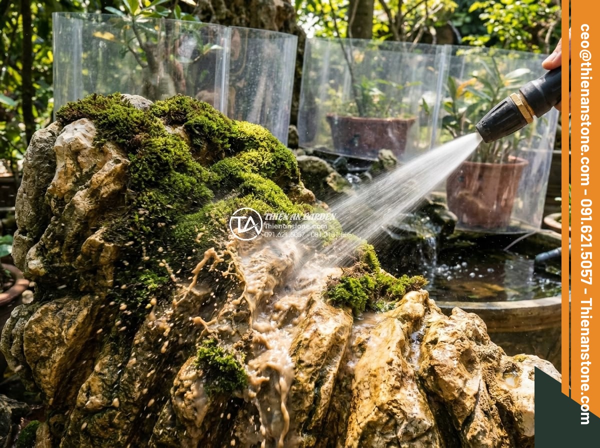 Cách Vệ Sinh Đá Non Bộ Bị Rêu Mốc Sau Nhiều Năm Sử Dụng - Close-up action shot of professional low-pressure washing technique being applie