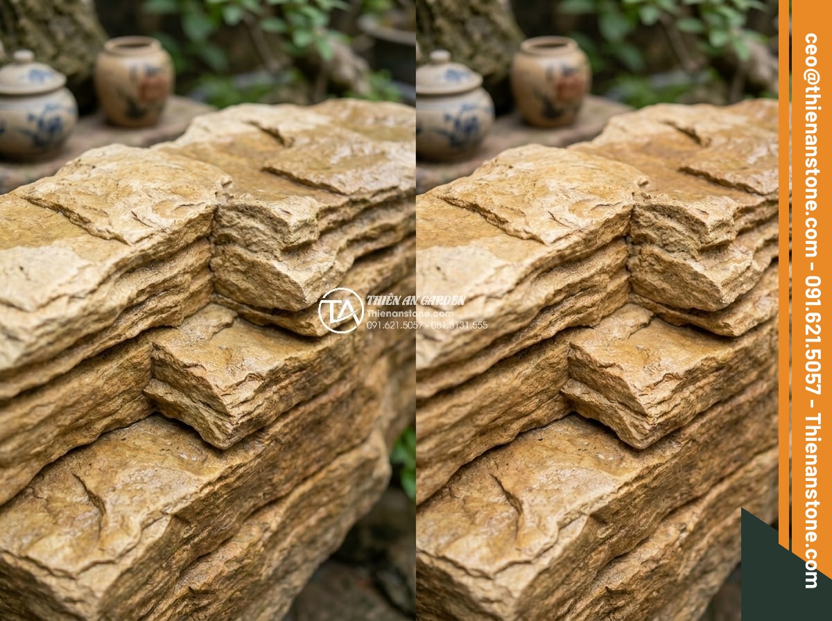Cách Vệ Sinh Đá Non Bộ Bị Rêu Mốc Sau Nhiều Năm Sử Dụng - Side-by-side comparison image of natural stone non-bo sections treated with eco-