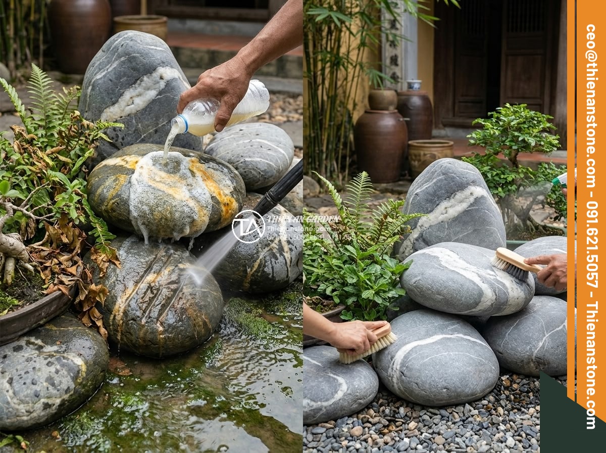 Cách Vệ Sinh Đá Non Bộ Bị Rêu Mốc Sau Nhiều Năm Sử Dụng - Warning illustration showing common mistakes when cleaning stone non-bo: using h