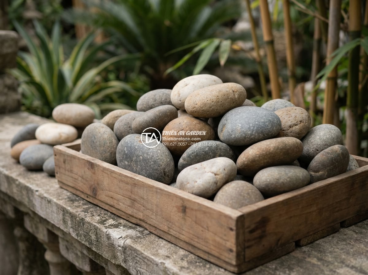 Đá Cuội Suối Làm Hồ Cá Koi Có Tốt Không? Ưu Nhược Điểm & Cách Chọn - Professional close-up photograph of premium Vietnamese river pebbles in multiple