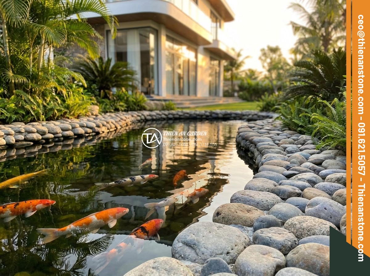 Đá Cuội Suối Làm Hồ Cá Koi Có Tốt Không? Ưu Nhược Điểm & Cách Chọn - Hình 10 Đá Cuội Suối Làm Hồ Cá Koi Có Tốt Không? Ưu Nhược Điểm & Cách Chọn - Final professional portrait of a stunning completed Koi pond project by Thien An