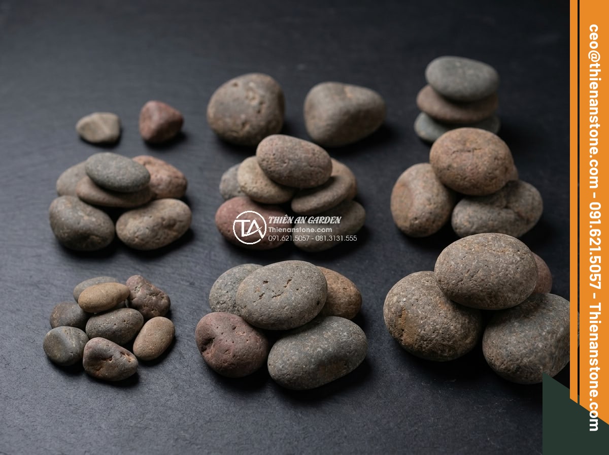Đá Cuội Suối Làm Hồ Cá Koi Có Tốt Không? Ưu Nhược Điểm & Cách Chọn - Hình 3 Đá Cuội Suối Làm Hồ Cá Koi Có Tốt Không? Ưu Nhược Điểm & Cách Chọn - Detailed product shot of high-grade Vietnamese stream pebbles sorted by size, na