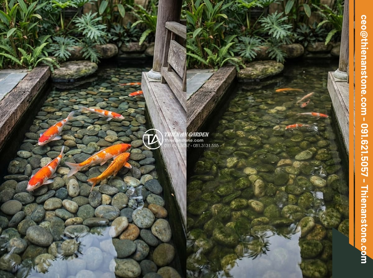 Đá Cuội Suối Làm Hồ Cá Koi Có Tốt Không? Ưu Nhược Điểm & Cách Chọn - Hình 4 Đá Cuội Suối Làm Hồ Cá Koi Có Tốt Không? Ưu Nhược Điểm & Cách Chọn - Comparison visual of potential issues with river pebbles in Koi ponds: left side
