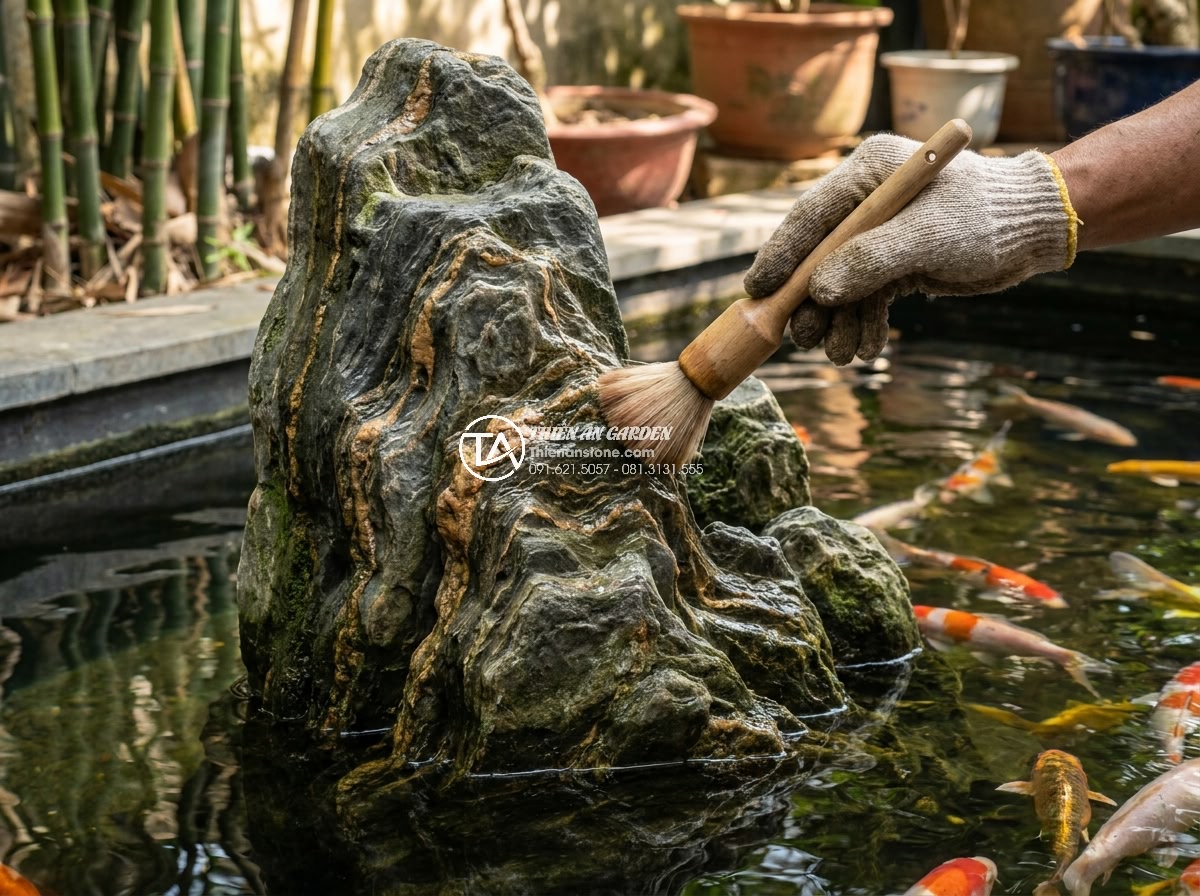 Đá Nham Thạch Cho Hồ Cá Koi: Có Nên Dùng? Tác Dụng Thực Tế - Maintenance worker gently cleaning volcanic rock in koi pond with soft brush sho