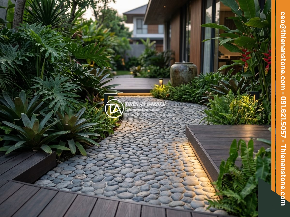Đá Sỏi Lát Sân: Xu Hướng Thiết Kế Lối Đi Sân Vườn Hiện Đại - High-resolution image of a contemporary garden pathway paved with natural pebble