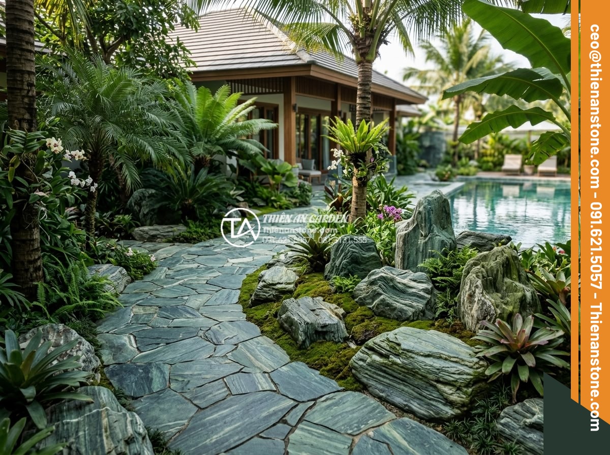 Đá Sỏi Lát Sân: Xu Hướng Thiết Kế Lối Đi Sân Vườn Hiện Đại - Luxury villa garden with extensive pebble stone pathways connecting main house t