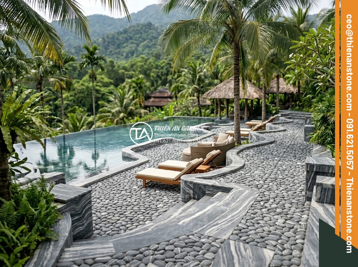Đá Sỏi Lát Sân: Xu Hướng Thiết Kế Lối Đi Sân Vườn Hiện Đại - Resort-style landscape with pebble stone walkways around infinity pool, palm tre