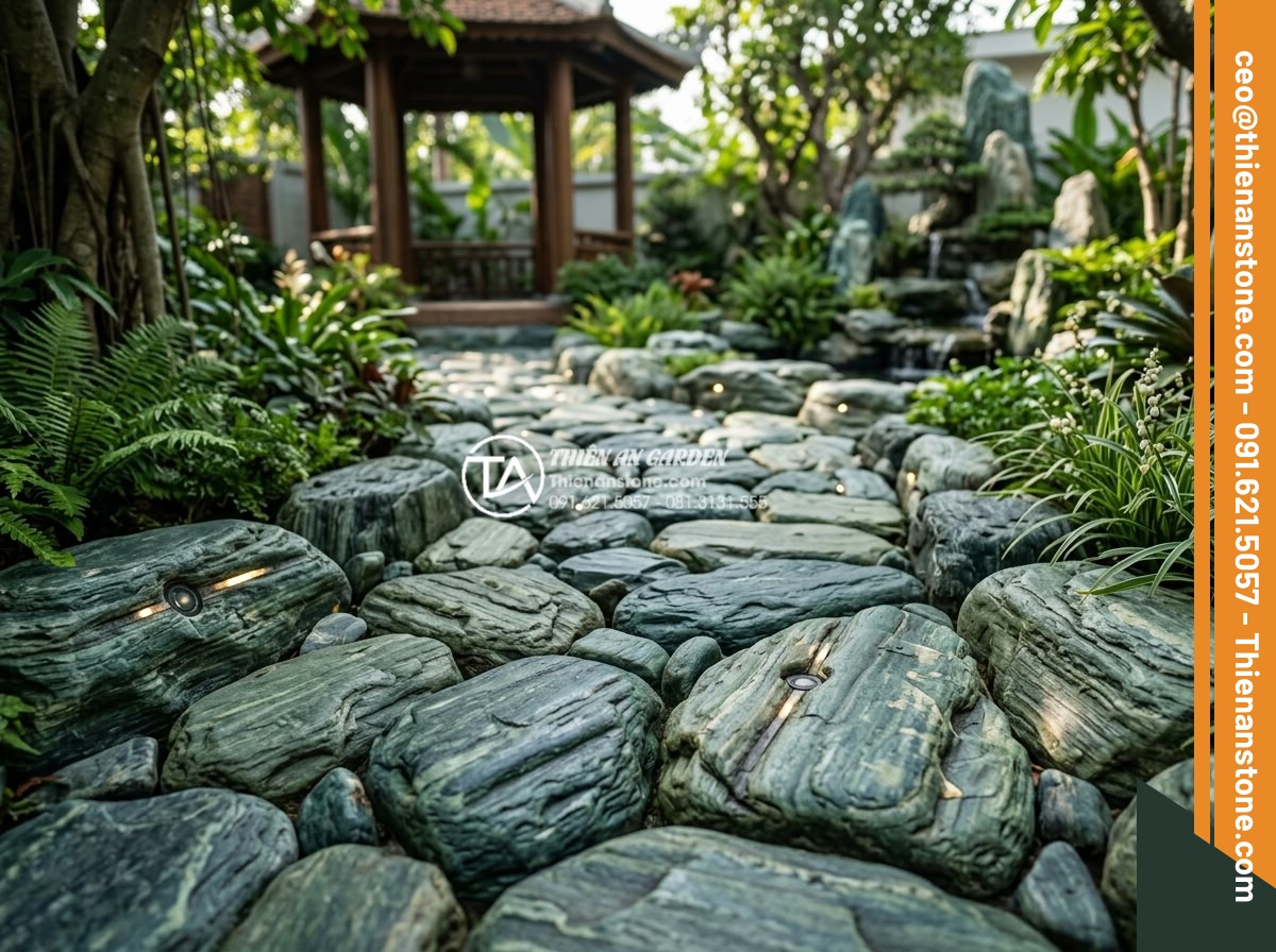 Đá Sỏi Lát Sân: Xu Hướng Thiết Kế Lối Đi Sân Vườn Hiện Đại - Futuristic 2026 garden trend with smart pebble stone paths featuring embedded LE