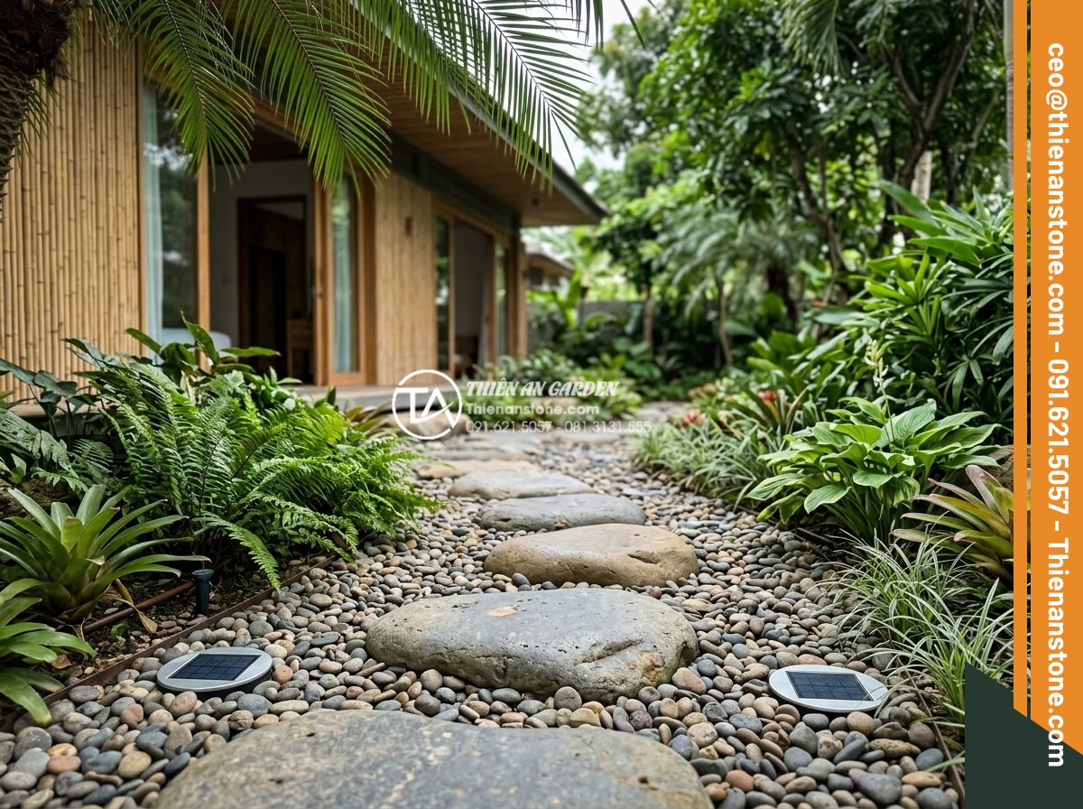 Đá Sỏi Lát Sân: Xu Hướng Thiết Kế Lối Đi Sân Vườn Hiện Đại - Modern sustainable garden design 2026 concept with recycled pebble stones, smart