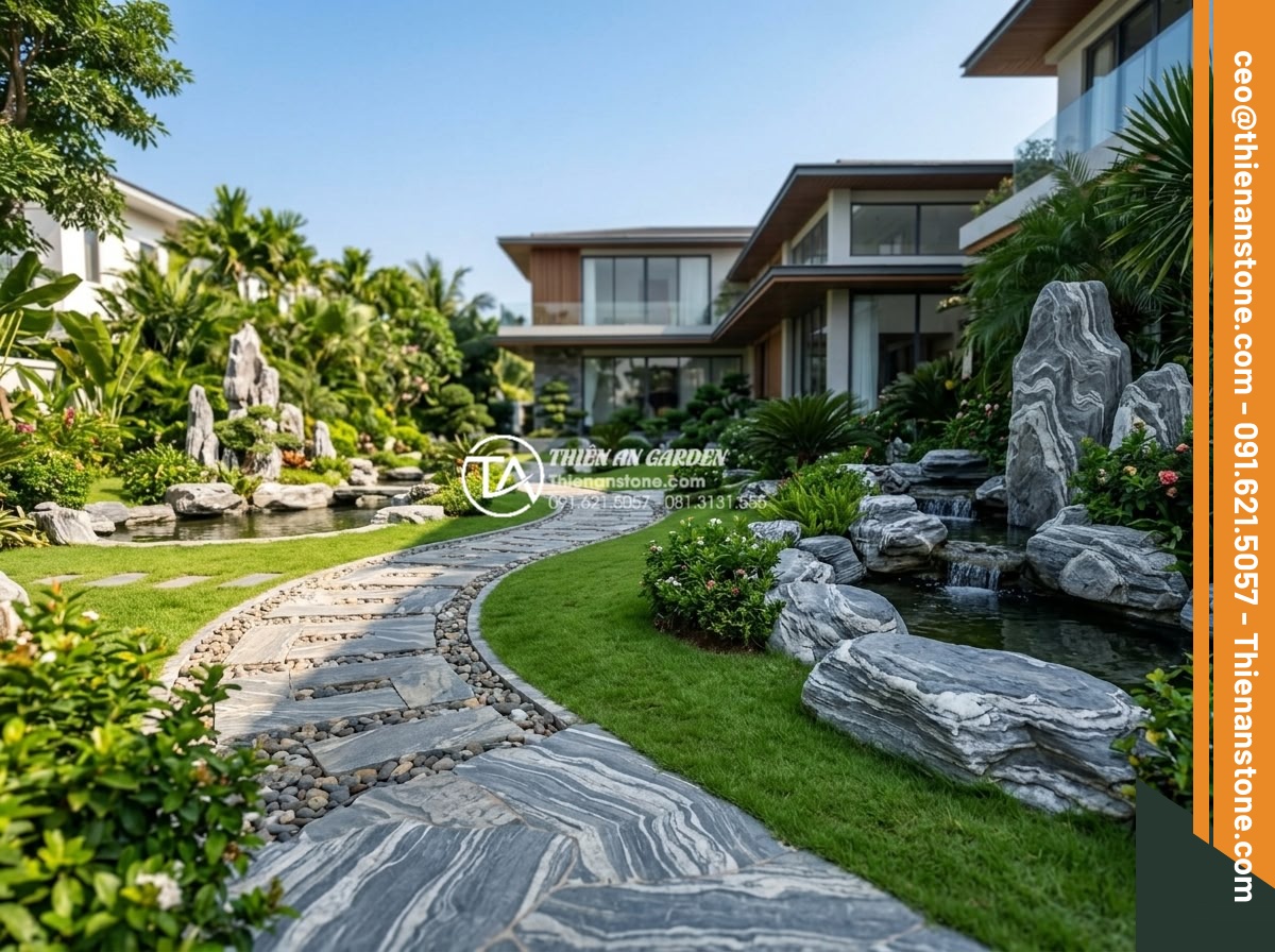 Đá Sỏi Lát Sân: Xu Hướng Thiết Kế Lối Đi Sân Vườn Hiện Đại - Wide-angle view of a luxurious modern villa garden featuring pebble stone paved 