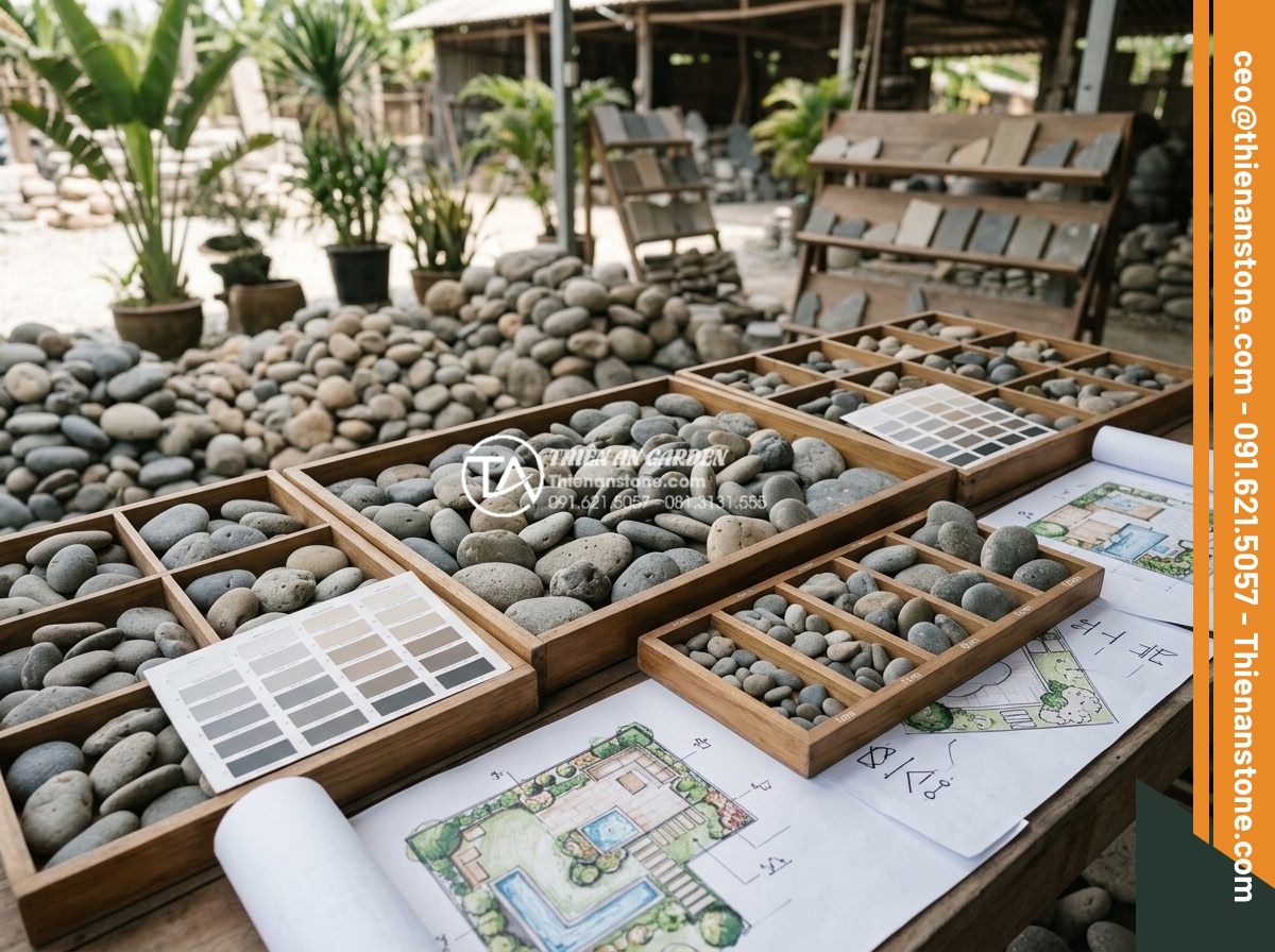 Đá Sỏi Lát Sân: Xu Hướng Thiết Kế Lối Đi Sân Vườn Hiện Đại - Professional designer choosing pebble stones from a large display at a stone yar