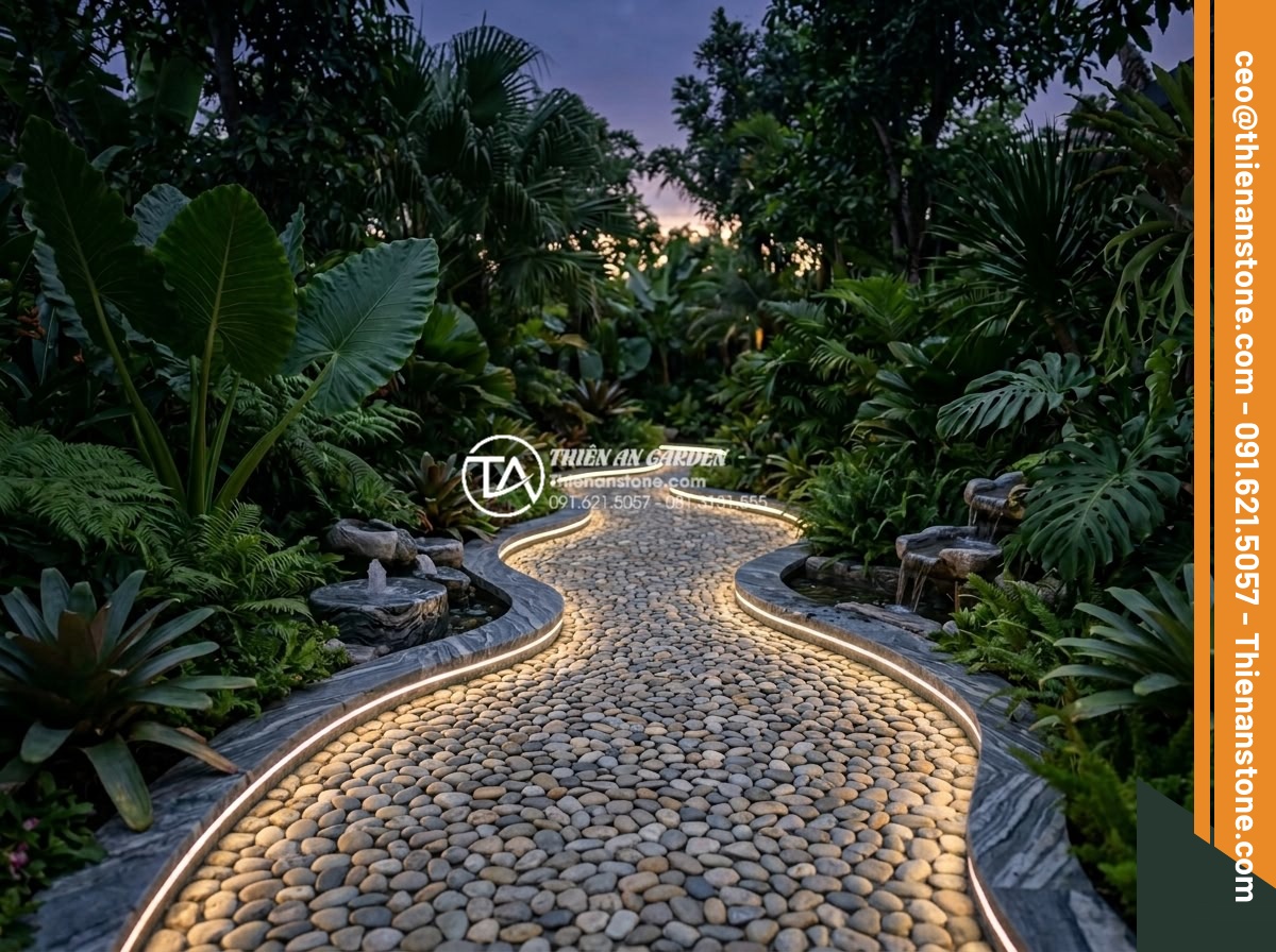 Đá Sỏi Lát Sân: Xu Hướng Thiết Kế Lối Đi Sân Vườn Hiện Đại - Creative modern garden path design with curved pebble stone walkway integrated w