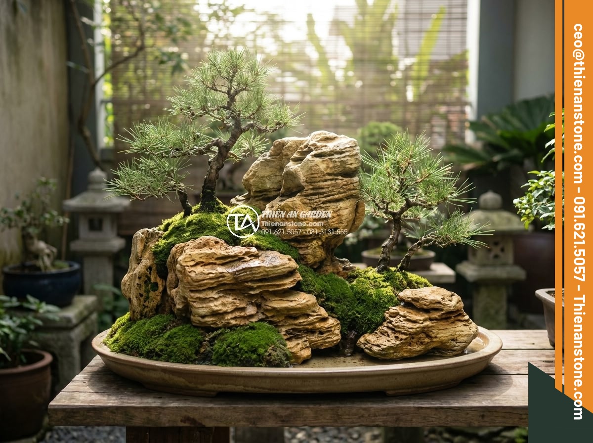 Đá Thấm Thủy Làm Non Bộ: Ưu Điểm Giữ Ẩm Tuyệt Vời Cho Cây - Hình 1 Đá Thấm Thủy Làm Non Bộ: Ưu Điểm Giữ Ẩm Tuyệt Vời Cho Cây - High-resolution professional photograph of a traditional Vietnamese non-bo minia