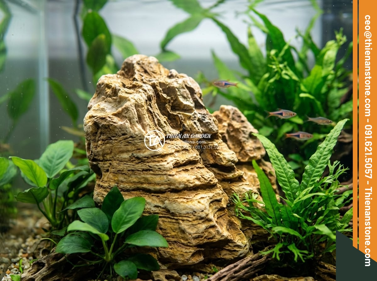 Đá Tiger & Đá Bay Làm Hồ Thủy Sinh Đẹp Nhất 2026 - Detailed close-up view of natural Tiger stone with distinctive yellow and black