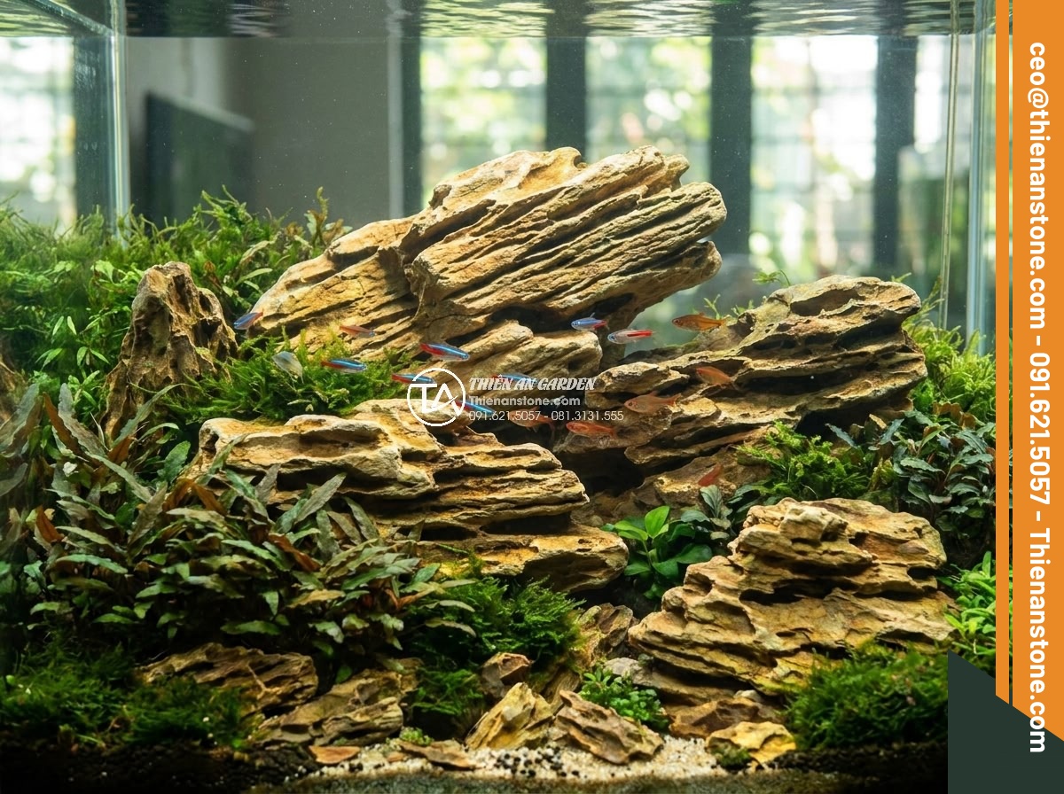 Đá Tiger & Đá Bay Làm Hồ Thủy Sinh Đẹp Nhất 2026 - Vibrant Tiger stone arrangement in a large freshwater planted tank showing layer