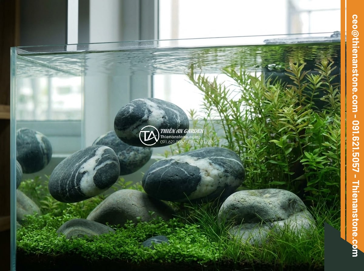 Đá Tiger & Đá Bay Làm Hồ Thủy Sinh Đẹp Nhất 2026 - Elegant Bay stone floating-like formations in a serene aquascape with soft curve