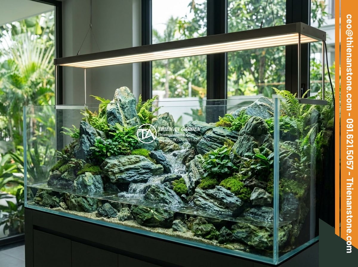 Đá Tiger & Đá Bay Làm Hồ Thủy Sinh Đẹp Nhất 2026 - Futuristic 2026 aquascape trend featuring combined Tiger and Bay stones in a lar