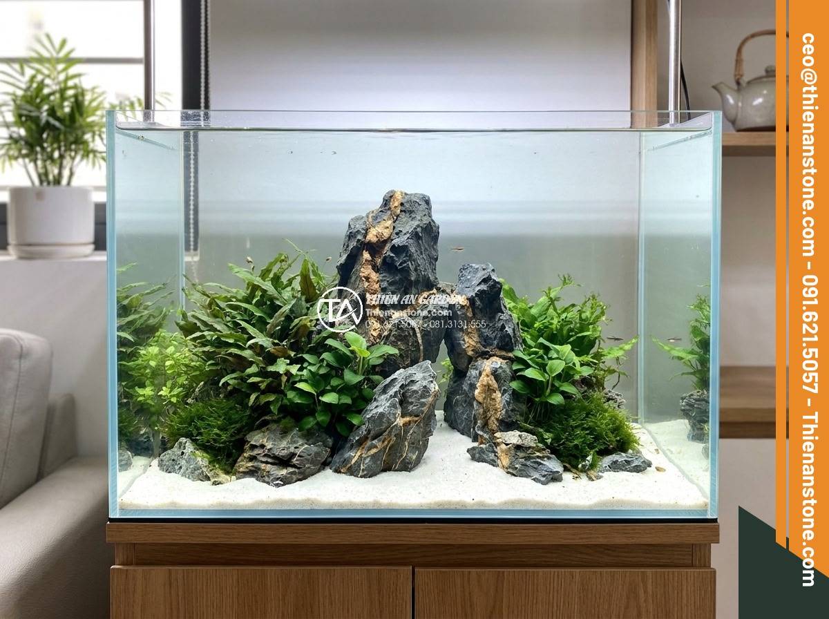 Đá Tiger & Đá Bay Làm Hồ Thủy Sinh Đẹp Nhất 2026 - Stunning example of a Tiger stone aquascape design with dramatic striped rocks f