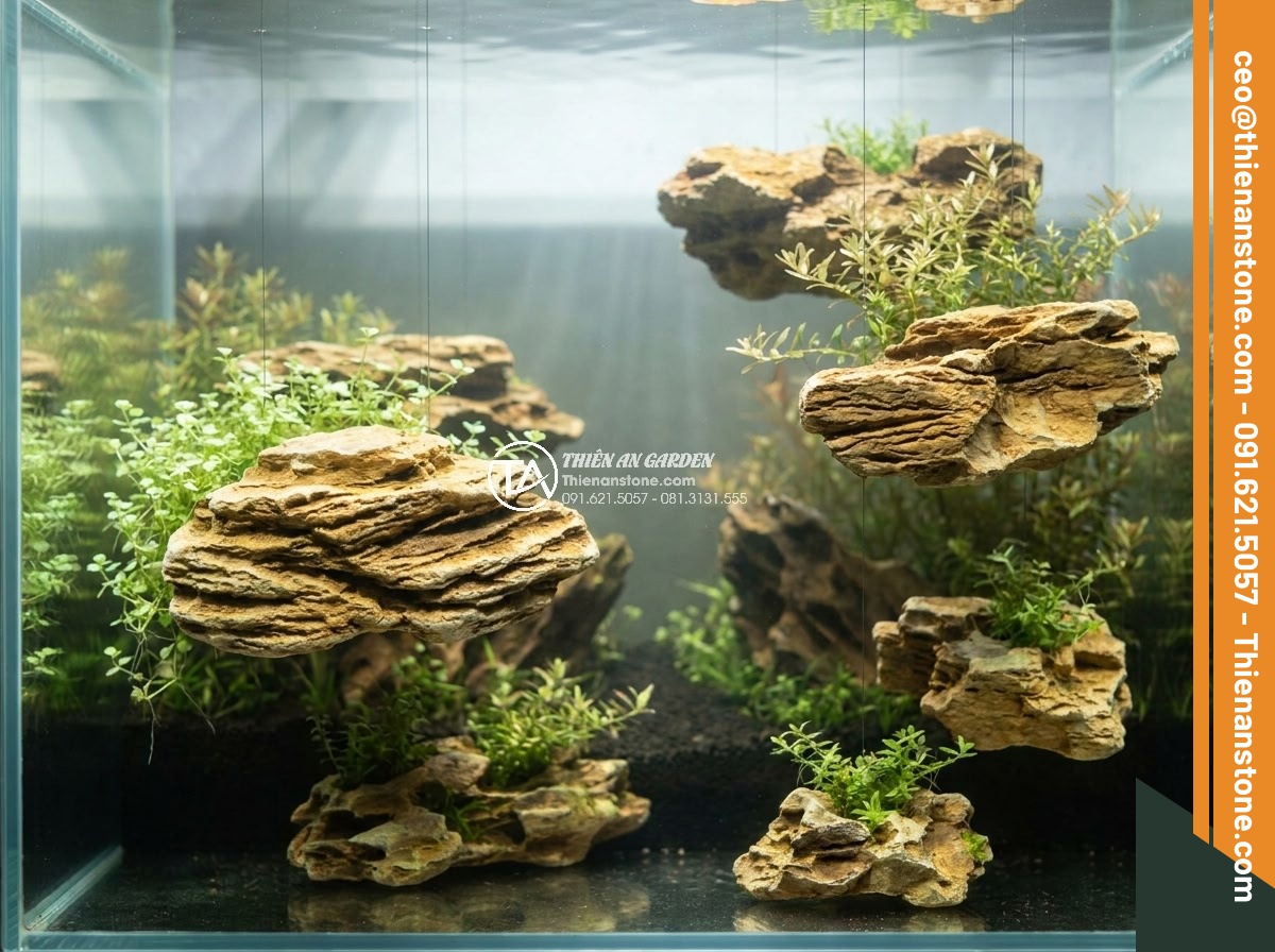 Đá Tiger & Đá Bay Làm Hồ Thủy Sinh Đẹp Nhất 2026 - Creative Bay stone aquascape with floating rock formations, soft lighting effect