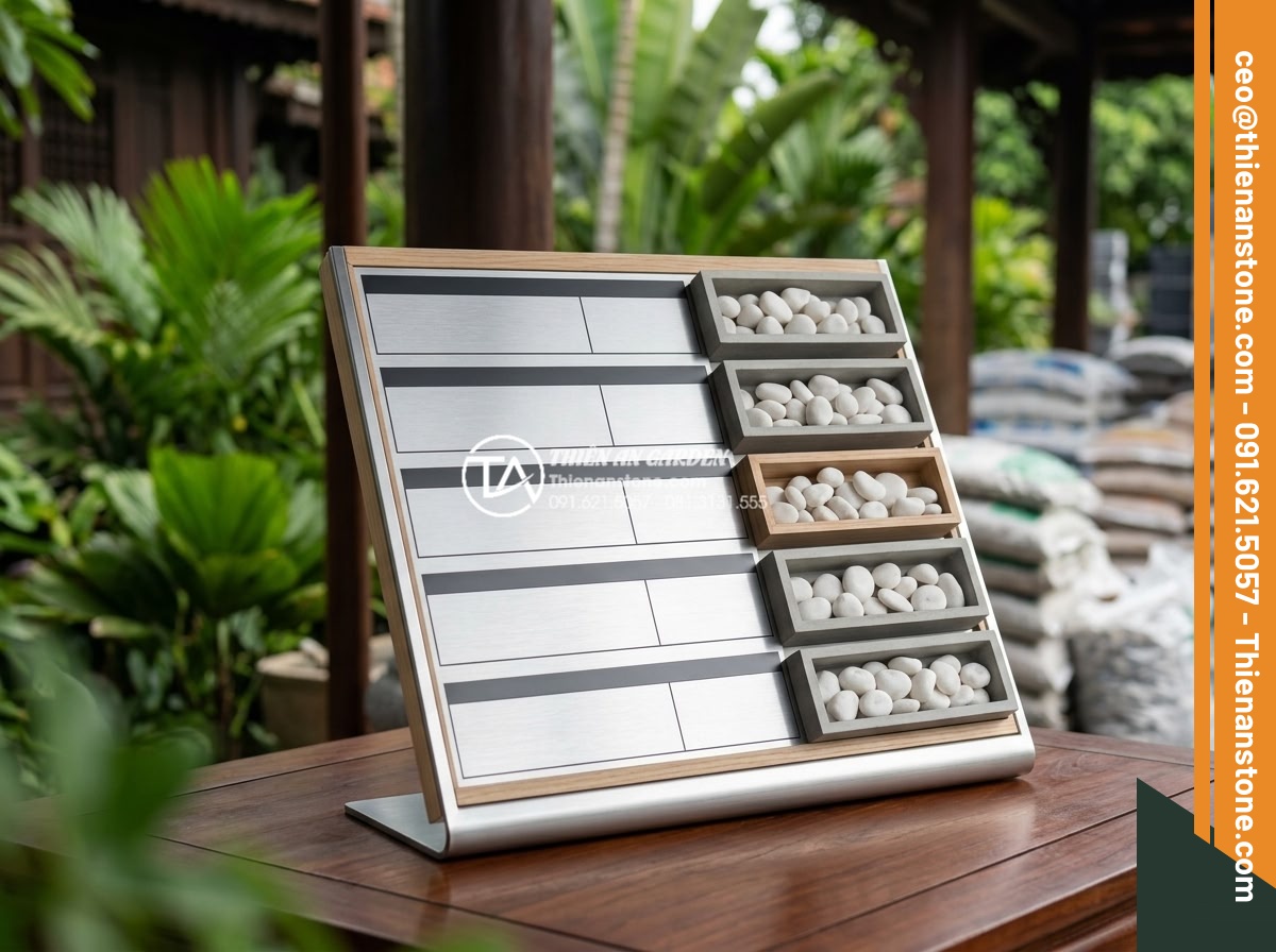 Địa Chỉ Mua Sỏi Sân Vườn Tại Hà Nội, Đà Nẵng Uy Tín Giá Rẻ - Hình 11 Địa Chỉ Mua Sỏi Sân Vườn Tại Hà Nội, Đà Nẵng Uy Tín Giá Rẻ - Professional price list table display with samples of different garden pebbles n