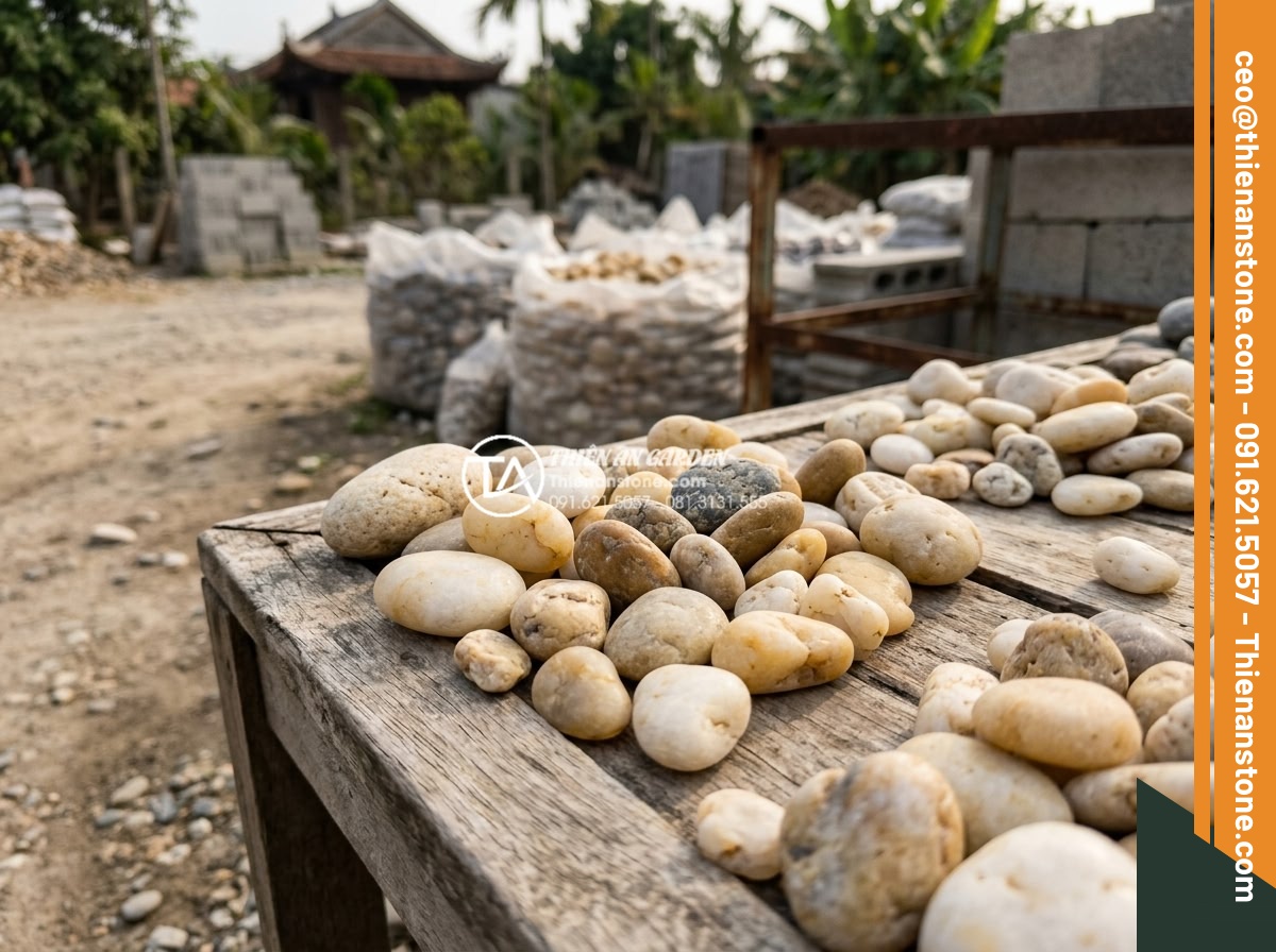 Địa Chỉ Mua Sỏi Sân Vườn Tại Hà Nội, Đà Nẵng Uy Tín Giá Rẻ - Hình 13 Địa Chỉ Mua Sỏi Sân Vườn Tại Hà Nội, Đà Nẵng Uy Tín Giá Rẻ - Customer inspecting garden pebbles quality at supplier yard, hands touching samp