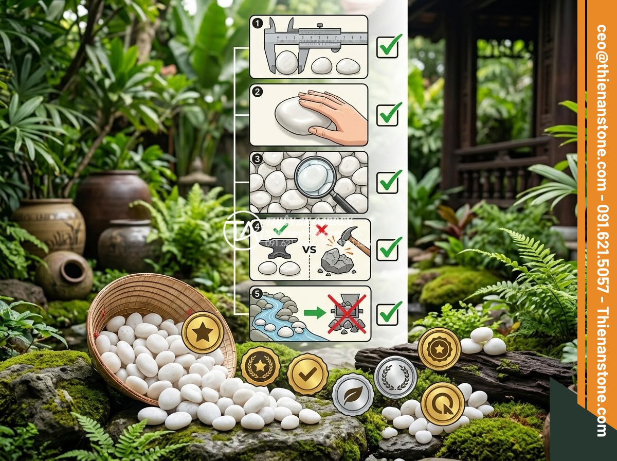 Địa Chỉ Mua Sỏi Sân Vườn Tại Hà Nội, Đà Nẵng Uy Tín Giá Rẻ - Hình 14 Địa Chỉ Mua Sỏi Sân Vườn Tại Hà Nội, Đà Nẵng Uy Tín Giá Rẻ - Checklist infographic style image showing steps to choose quality garden pebbles