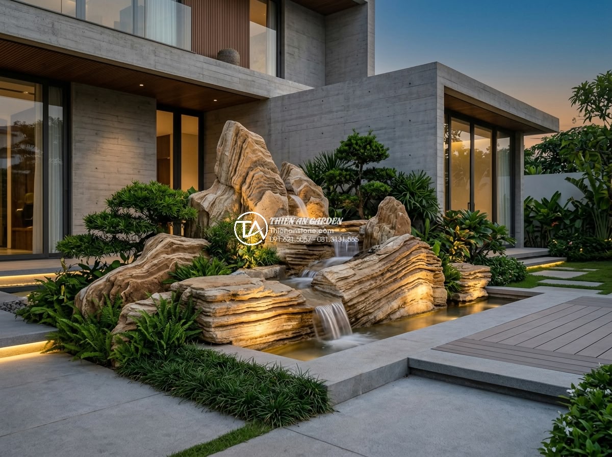 Dịch Vụ Thi Công Hòn Non Bộ Đá Tự Nhiên Trọn Gói 2026 - Modern minimalist natural stone non-bo design 2026 combining traditional Vietnam
