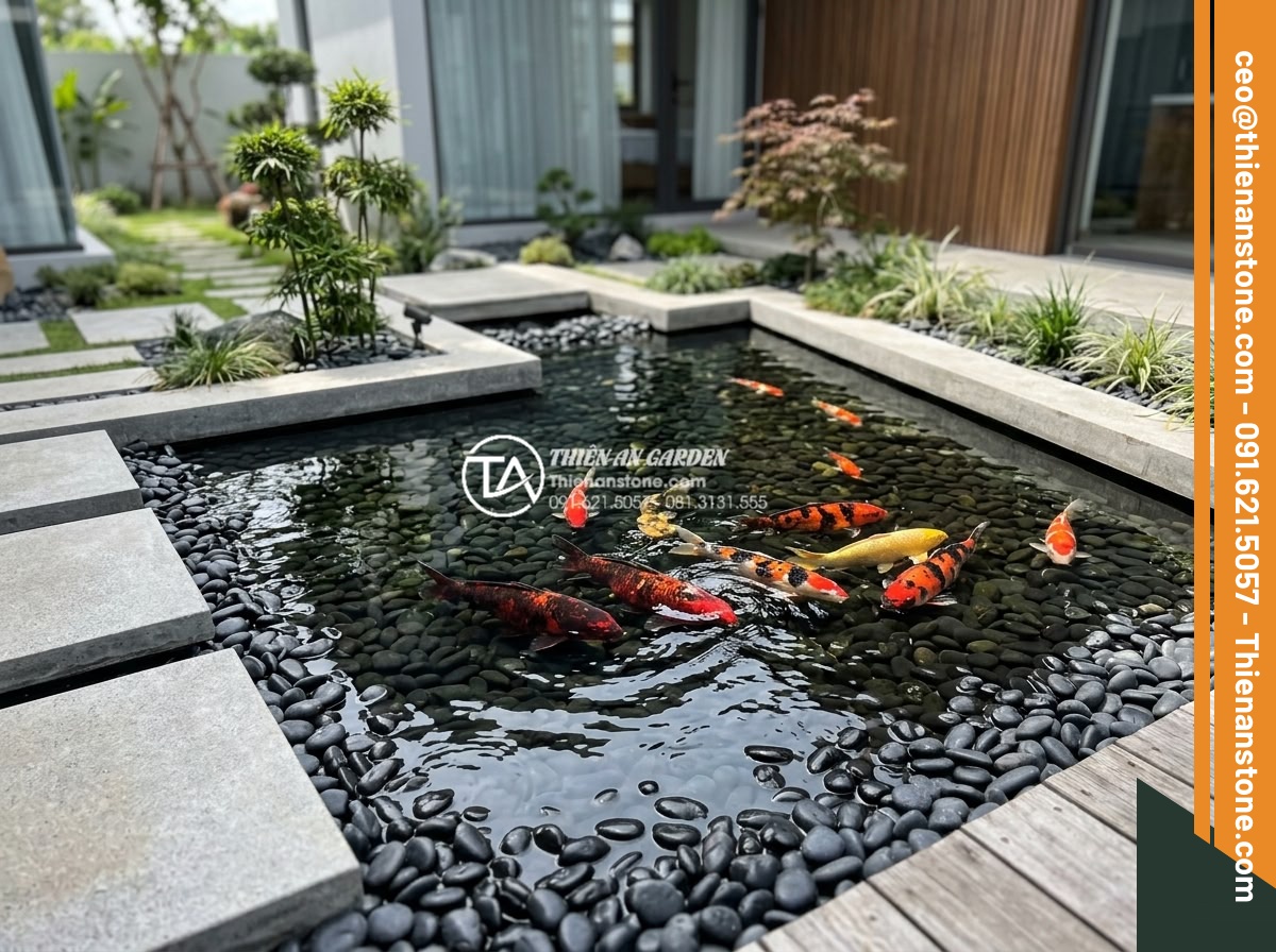 Dùng Sỏi Gì Cho Hồ Cá Koi? Top 3 Loại Sỏi An Toàn Nhất - Polished granite pebbles in a modern Koi pond design with sleek lines, minimalis