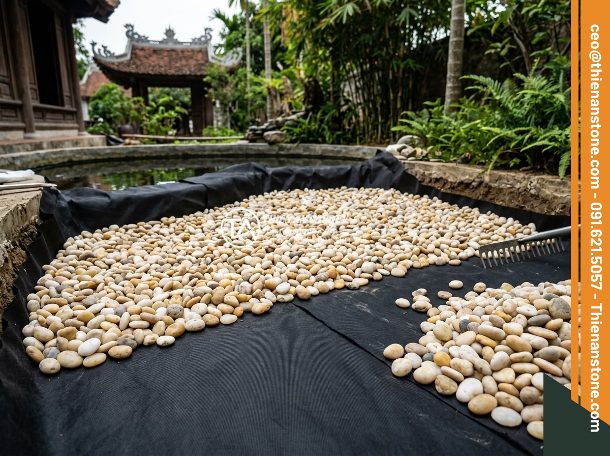 Dùng Sỏi Gì Cho Hồ Cá Koi? Top 3 Loại Sỏi An Toàn Nhất - Step-by-step construction process of laying gravel base in a Koi pond with worke