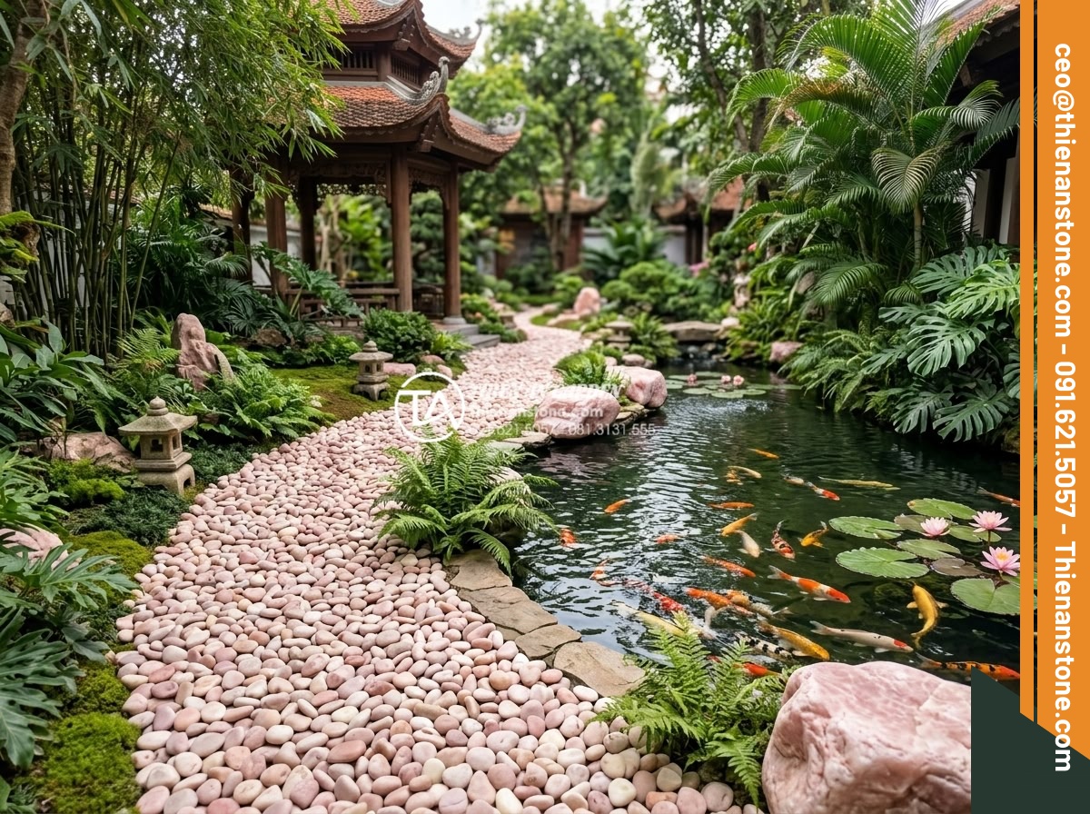 Dùng Sỏi Gì Cho Hồ Cá Koi? Top 3 Loại Sỏi An Toàn Nhất - Harmonious garden design featuring Koi pond and extended pebble pathways using c