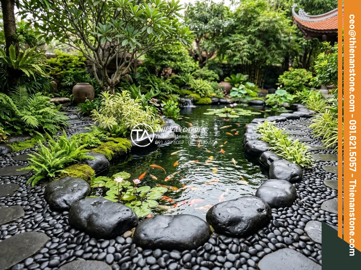 Dùng Sỏi Gì Cho Hồ Cá Koi? Top 3 Loại Sỏi An Toàn Nhất - Wide angle shot of a luxurious outdoor Koi pond integrated with garden landscapi