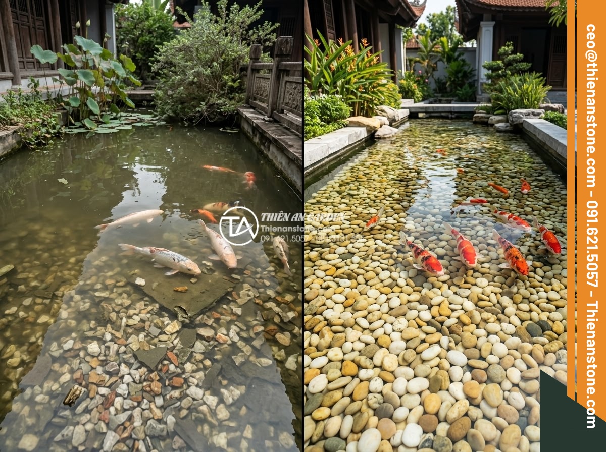 Dùng Sỏi Gì Cho Hồ Cá Koi? Top 3 Loại Sỏi An Toàn Nhất - Before and after comparison: left side damaged Koi pond with sharp gravel causin