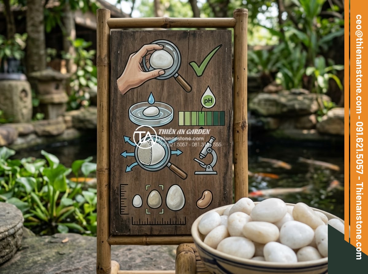 Dùng Sỏi Gì Cho Hồ Cá Koi? Top 3 Loại Sỏi An Toàn Nhất - Expert checklist visualization showing criteria icons for safe Koi pond gravel: 