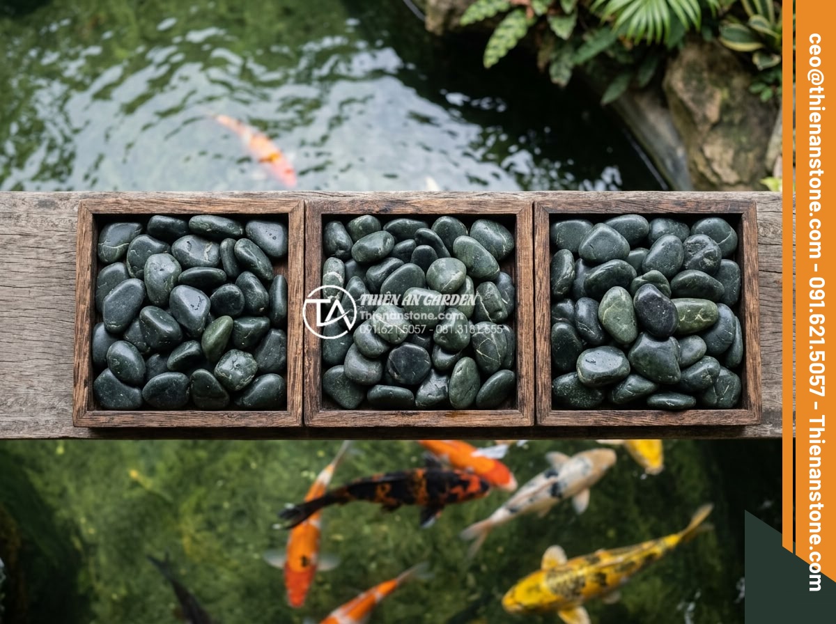 Dùng Sỏi Gì Cho Hồ Cá Koi? Top 3 Loại Sỏi An Toàn Nhất - Top view of three different safe Koi pond gravels displayed side by side: natura