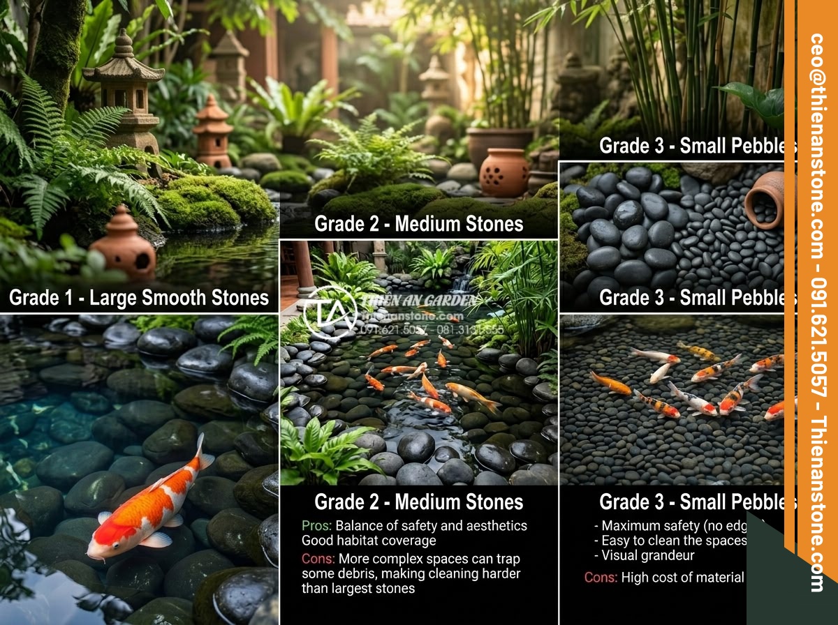Dùng Sỏi Gì Cho Hồ Cá Koi? Top 3 Loại Sỏi An Toàn Nhất - Infographic ranking the top 3 safest gravels for Koi ponds with pros, cons, and 