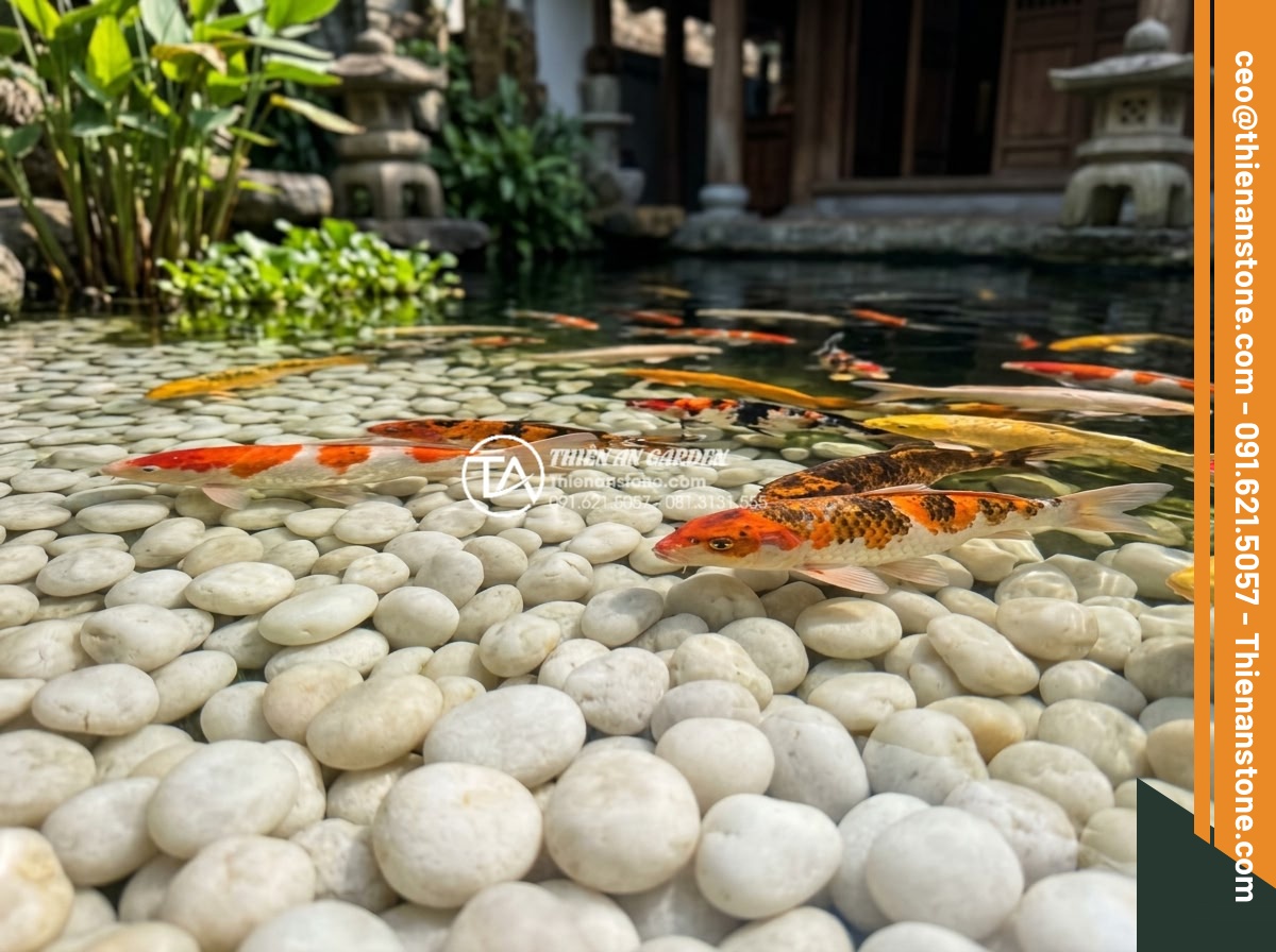 Dùng Sỏi Gì Cho Hồ Cá Koi? Top 3 Loại Sỏi An Toàn Nhất - High resolution photo of natural river pebbles used as substrate in a large Koi 