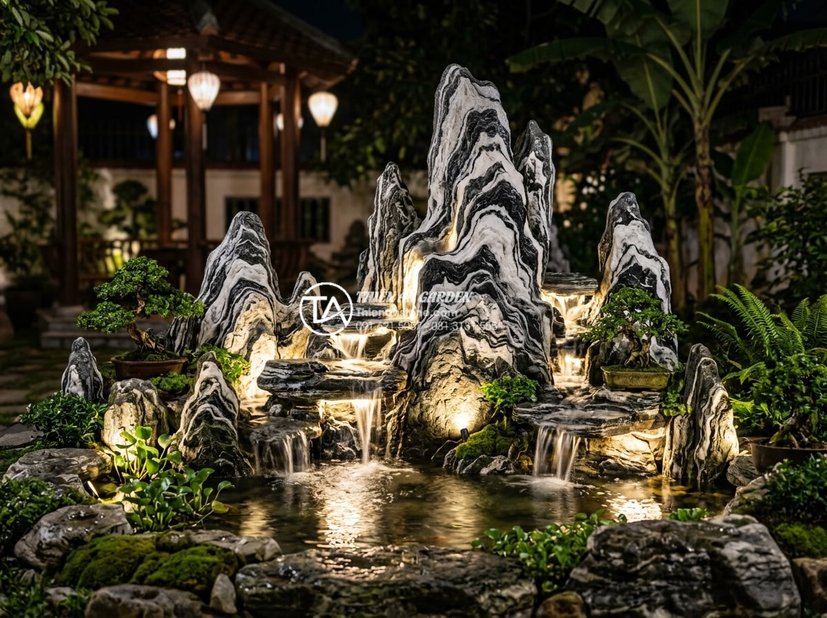 FAQ: Những Câu Hỏi Thường Gặp Khi Mua Đá Làm Hòn Non Bộ - Finished custom designed natural stone hòn non bộ with lighting and water featur