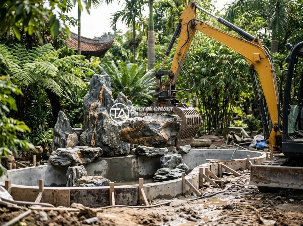 FAQ: Những Câu Hỏi Thường Gặp Khi Mua Đá Làm Hòn Non Bộ - Heavy machinery transporting and carefully placing large natural stone blocks fo