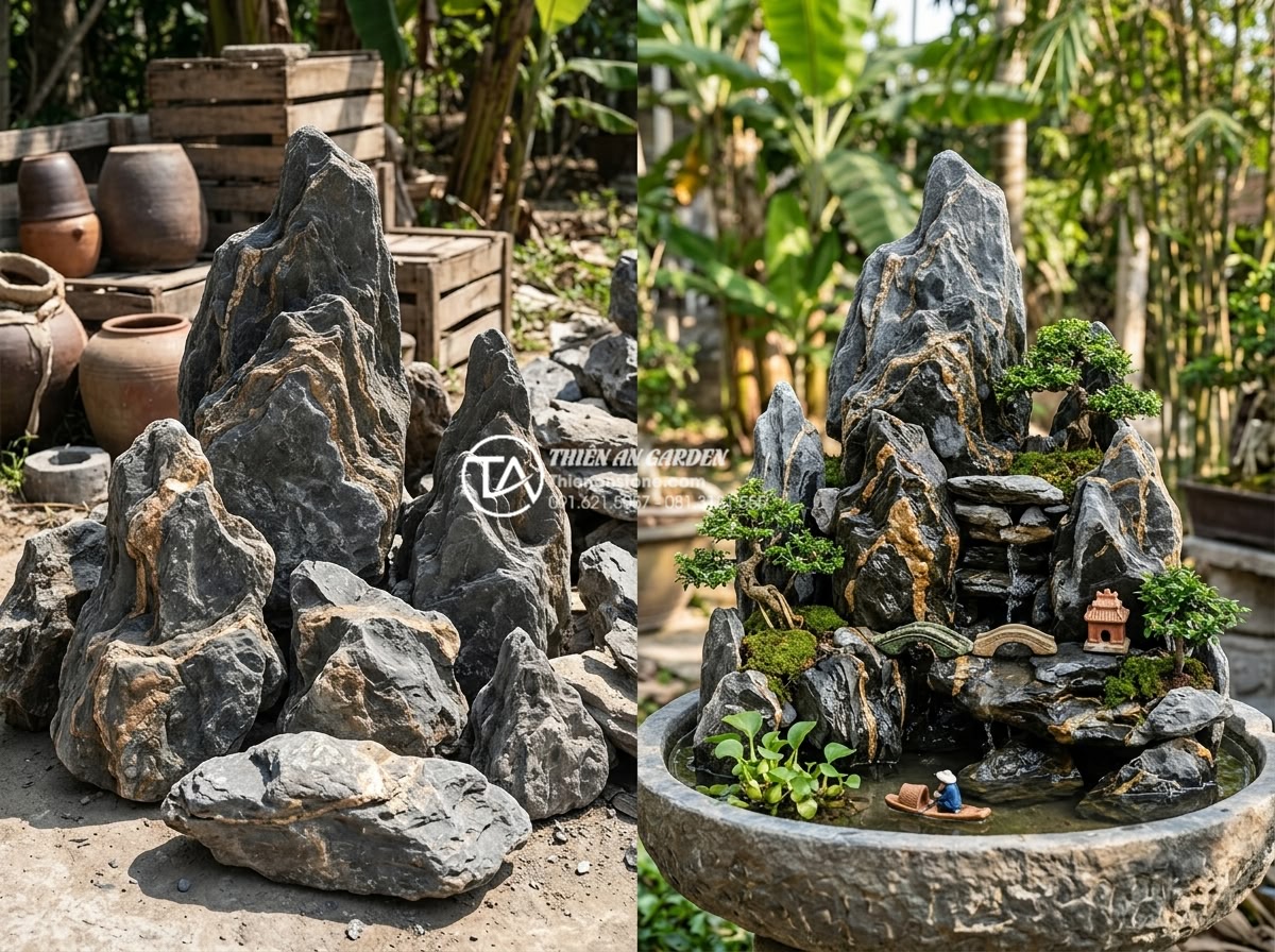 FAQ: Những Câu Hỏi Thường Gặp Khi Mua Đá Làm Hòn Non Bộ - Before and after comparison of selected natural stones transformed into a comple