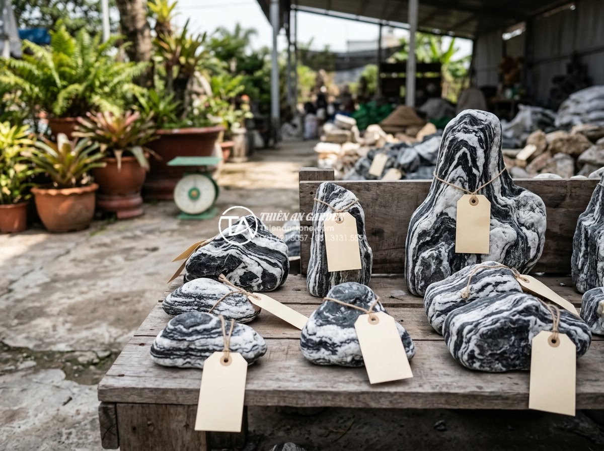 FAQ: Những Câu Hỏi Thường Gặp Khi Mua Đá Làm Hòn Non Bộ - Price comparison chart and actual natural stone samples with tags showing curren