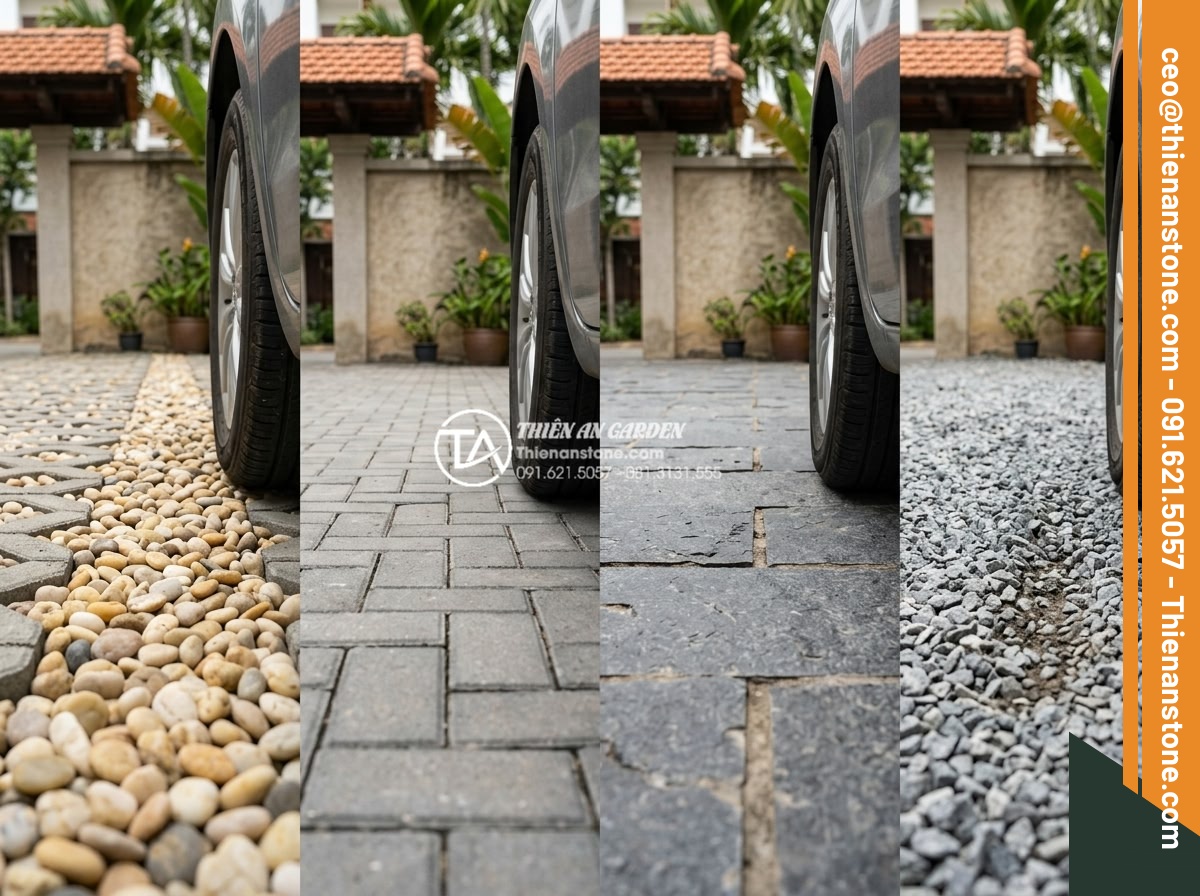 Gạch Sỏi Lát Sân Chịu Lực: Lựa Chọn Cho Garage Ô Tô Ngoài Trời - Hình 11 Gạch Sỏi Lát Sân Chịu Lực: Lựa Chọn Cho Garage Ô Tô Ngoài Trời - Side-by-side comparison chart visual of pebble pavers versus concrete bricks, gr