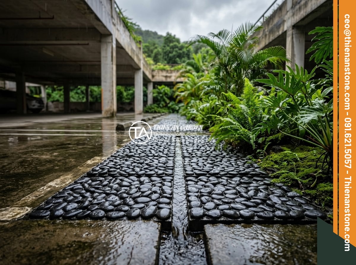 Gạch Sỏi Lát Sân Chịu Lực: Lựa Chọn Cho Garage Ô Tô Ngoài Trời - Hình 3 Gạch Sỏi Lát Sân Chịu Lực: Lựa Chọn Cho Garage Ô Tô Ngoài Trời - Aesthetic image of pebble paver tiles in an outdoor parking garage with rain wat