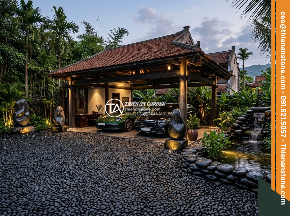 Gạch Sỏi Lát Sân Chịu Lực: Lựa Chọn Cho Garage Ô Tô Ngoài Trời - Hình 4 Gạch Sỏi Lát Sân Chịu Lực: Lựa Chọn Cho Garage Ô Tô Ngoài Trời - Luxurious outdoor car garage featuring premium gravel stone paving, integrated w