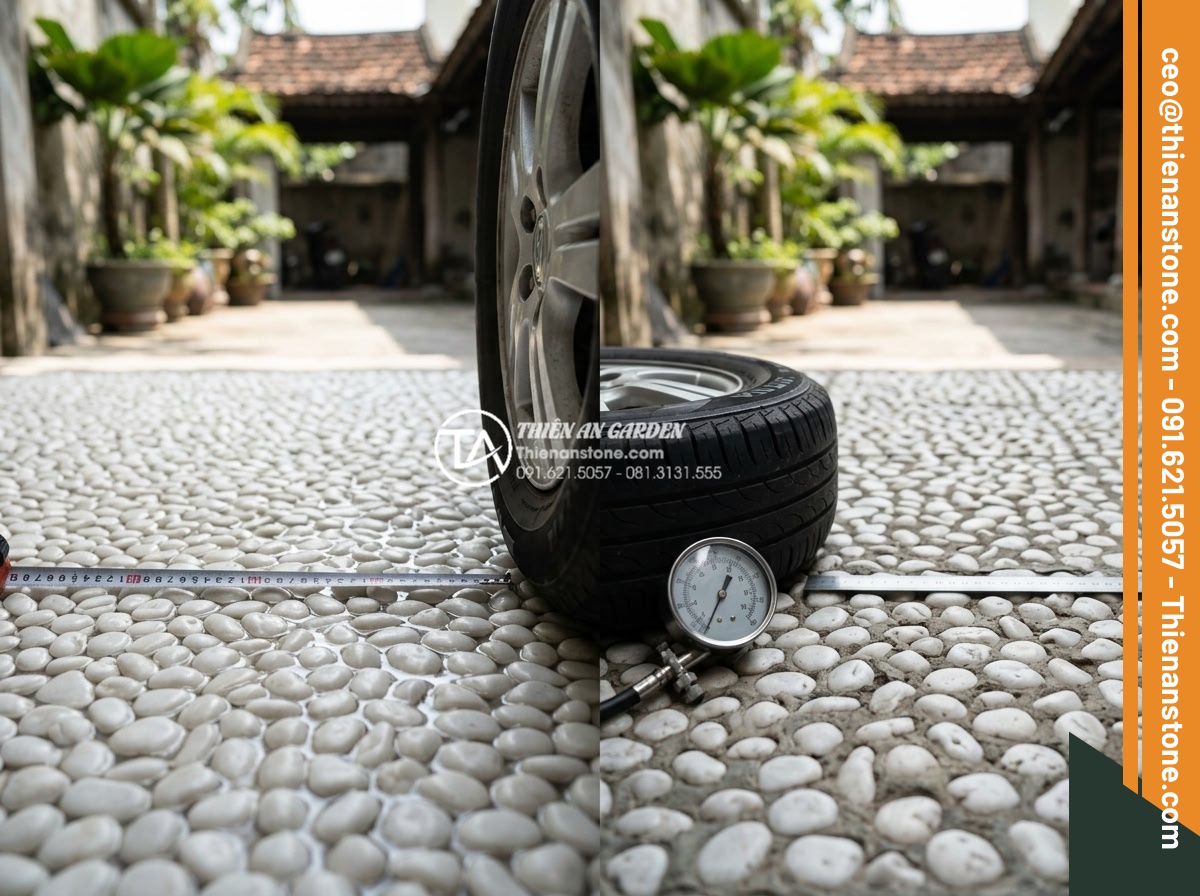 Gạch Sỏi Lát Sân Chịu Lực: Lựa Chọn Cho Garage Ô Tô Ngoài Trời - Hình 5 Gạch Sỏi Lát Sân Chịu Lực: Lựa Chọn Cho Garage Ô Tô Ngoài Trời - Comparison photo showing different types of pebble paving stones for outdoor gar