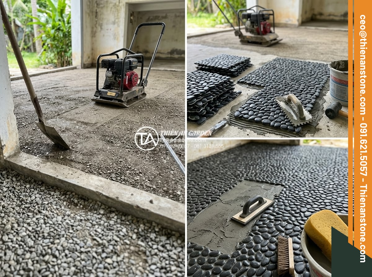 Gạch Sỏi Lát Sân Chịu Lực: Lựa Chọn Cho Garage Ô Tô Ngoài Trời - Hình 9 Gạch Sỏi Lát Sân Chịu Lực: Lựa Chọn Cho Garage Ô Tô Ngoài Trời - Step-by-step professional installation process of pebble paving in outdoor garag