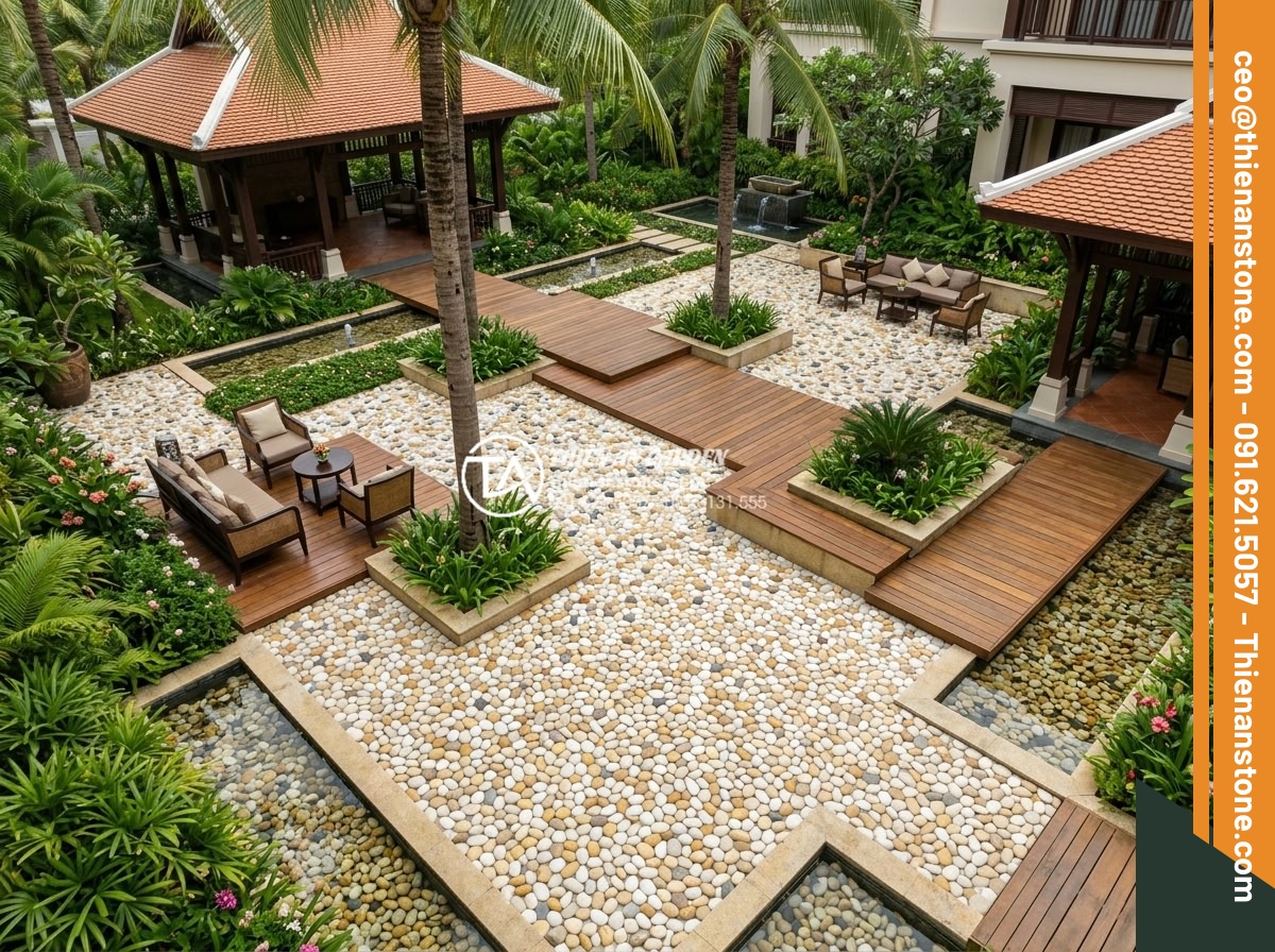 Gạch Sỏi Lát Sân Vườn: Giải Pháp Chống Trơn Trượt Và Thẩm Mỹ Cao - Hình 3 Gạch Sỏi Lát Sân Vườn: Giải Pháp Chống Trơn Trượt Và Thẩm Mỹ Cao - Aerial perspective of elegant resort garden courtyard paved entirely with premiu