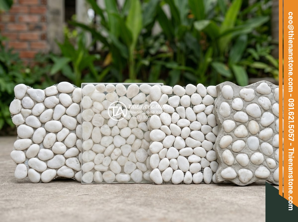 Gạch Sỏi Lát Sân Vườn: Giải Pháp Chống Trơn Trượt Và Thẩm Mỹ Cao - Hình 4 Gạch Sỏi Lát Sân Vườn: Giải Pháp Chống Trơn Trượt Và Thẩm Mỹ Cao - High resolution detail shot of various types of pebble paving tiles arranged sid
