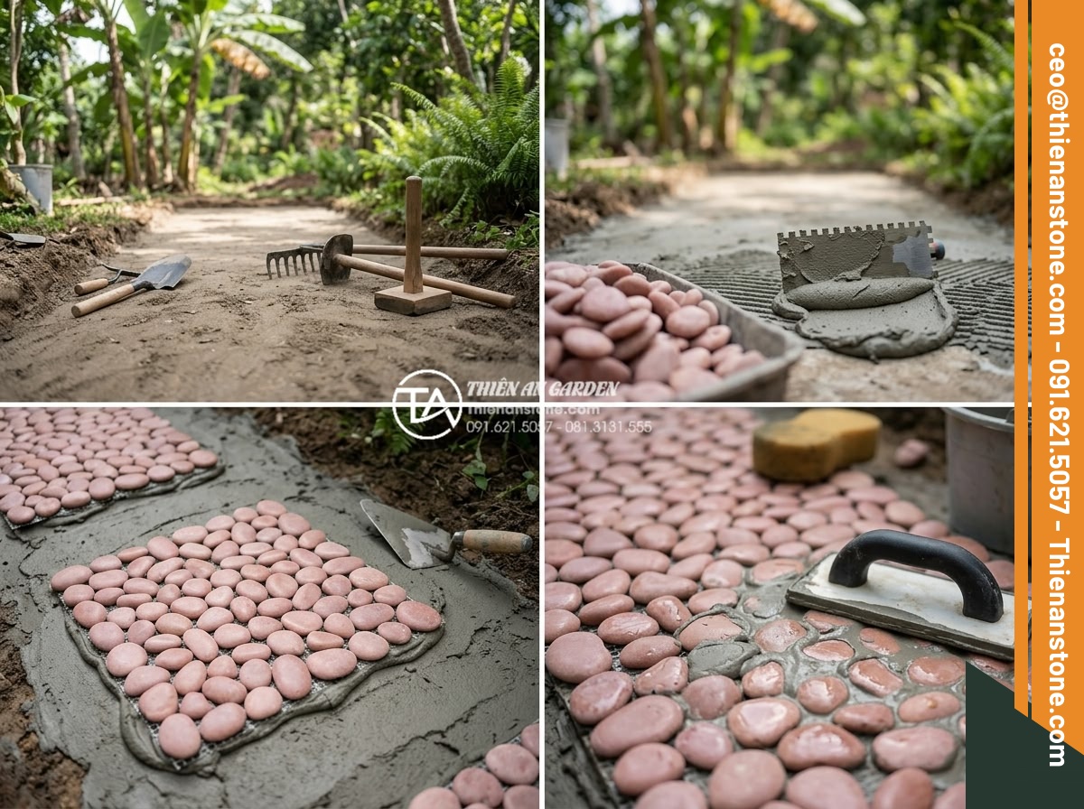 Gạch Sỏi Lát Sân Vườn: Giải Pháp Chống Trơn Trượt Và Thẩm Mỹ Cao - Hình 6 Gạch Sỏi Lát Sân Vườn: Giải Pháp Chống Trơn Trượt Và Thẩm Mỹ Cao - Step by step construction process of installing natural pebble tiles in a garden